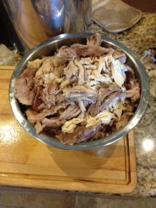 After meat is cooked, remove from stock, let cool, remove all bones and excess fat. Then shred and get read to add back to the pots.