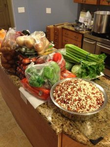 Beans soaked overnight. Produce ready to be cleaned and prepped