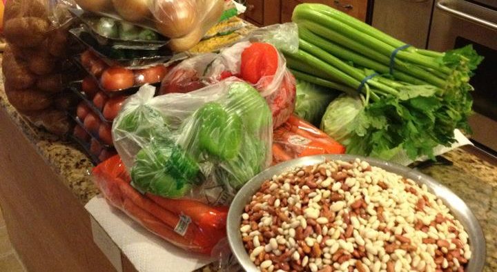 Beans soaked overnight. Produce ready to be cleaned and prepped