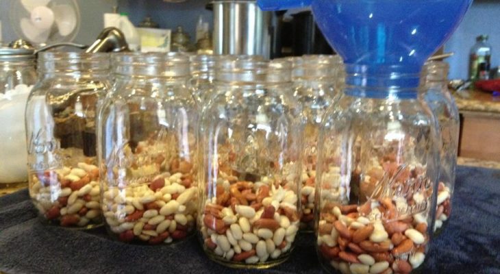 In hot sterilized jars, start with 1-2 inches of beans that have been soaked and drained
