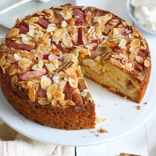 Almond citrus cake with rhubarb compote