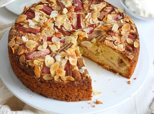 Almond citrus cake with rhubarb compote