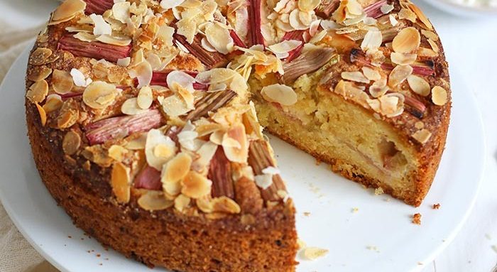 Almond citrus cake with rhubarb compote