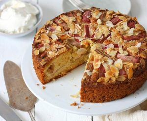 Almond citrus cake with rhubarb compote