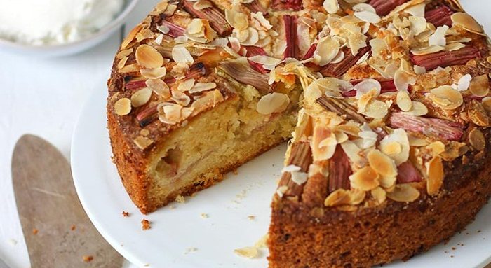 Almond citrus cake with rhubarb compote