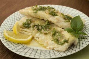 Baked halibut with basil lemon vinaigrette