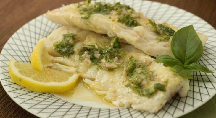 Baked halibut with basil lemon vinaigrette