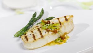 Baked halibut with basil lemon vinaigrette