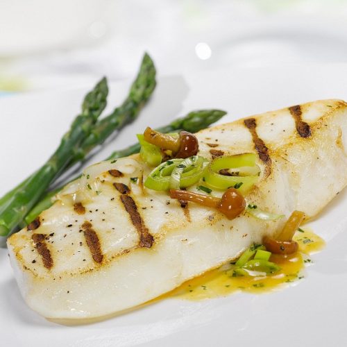 Baked halibut with basil lemon vinaigrette