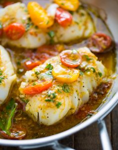 Baked halibut with basil lemon vinaigrette