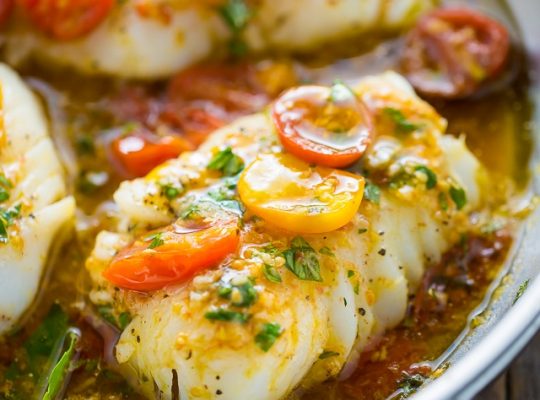 Baked halibut with basil lemon vinaigrette