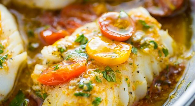 Baked halibut with basil lemon vinaigrette