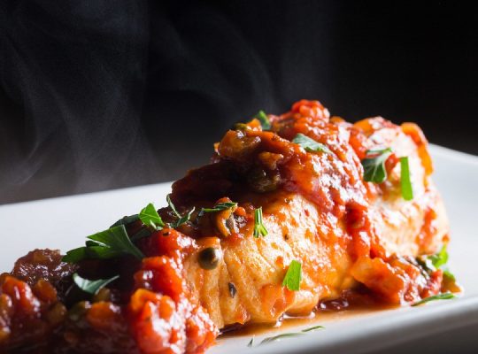 Halibut braised in tomato sauce