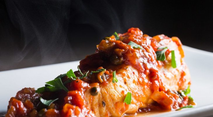 Halibut braised in tomato sauce