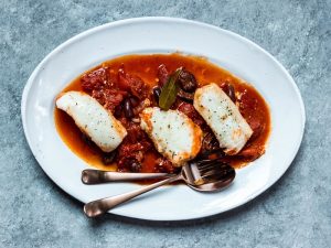 Halibut braised in tomato sauce