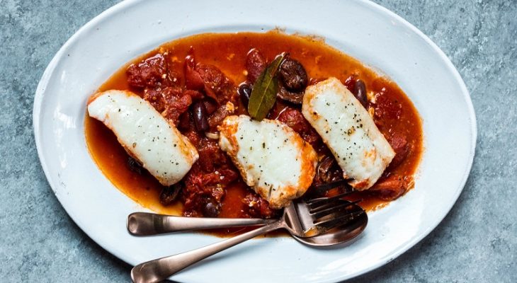 Halibut braised in tomato sauce