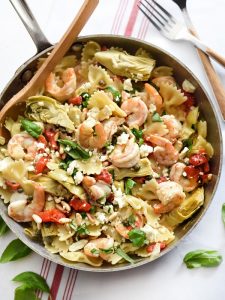 Healthy pasta shells, artichoke hearts with shrimp